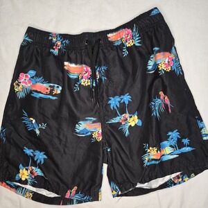 Burnside Swim Trunks Large Elastic Waist Measures 28"Hawaiian Print Mesh‎ Lined